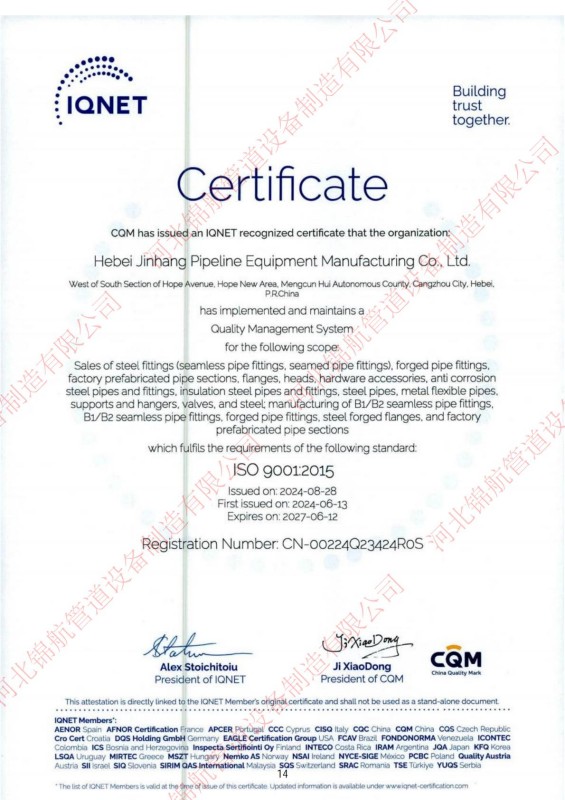 Hebei Jinhang Pipeline Equipment Manufacturing Co., Ltd. – Zertifizierungen, Qualitätssystem und Exporterfahrung