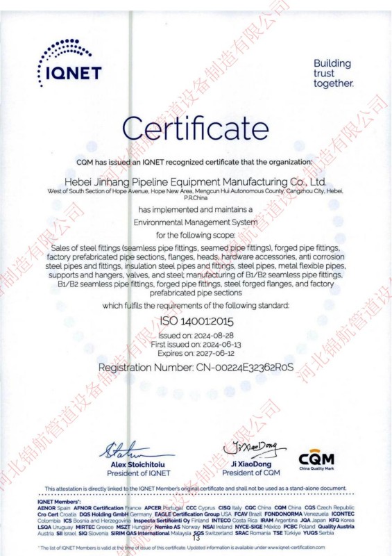 Hebei Jinhang Pipeline Equipment Manufacturing Co., Ltd. – Zertifizierungen, Qualitätssystem und Exporterfahrung